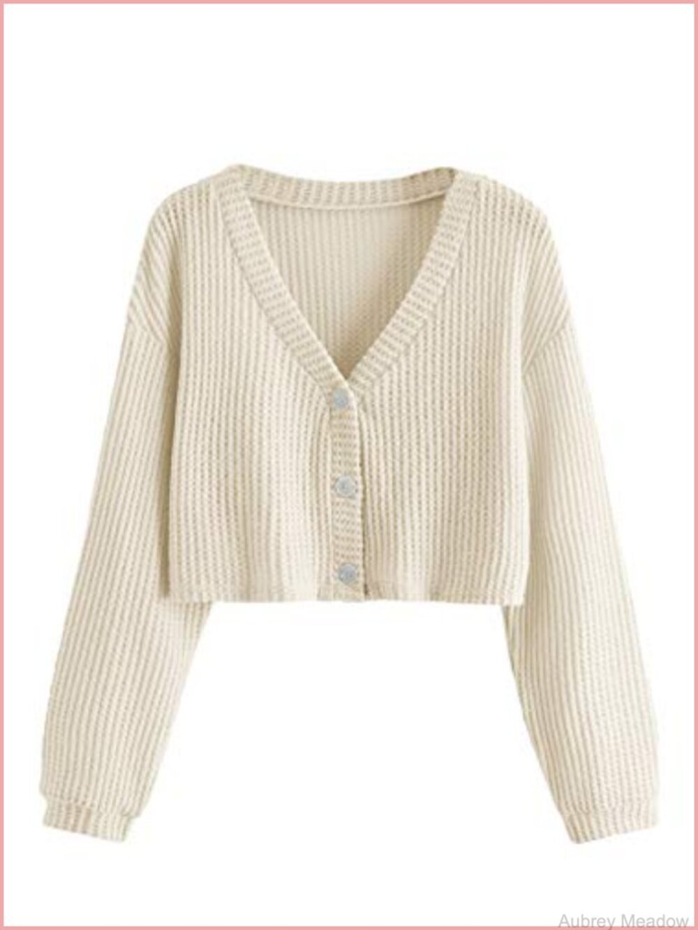 Beige Plaid Cropped Cardigan Long Sleeve V Neck Button Front Waffle Knit Sweater